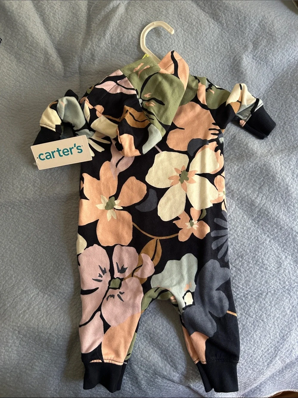 Carter's Floral Hooded One-Piece in Black, Peach, Pink, Green
